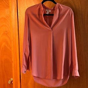 Pink long sleeved LOFT blouse with high low hem. Size S.